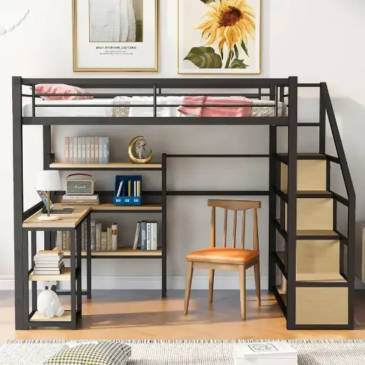 Cama alta estilo innovador con escritorio y repisas perfecto para estudiantes, Gamers o cuartos sin mucho espacio.
